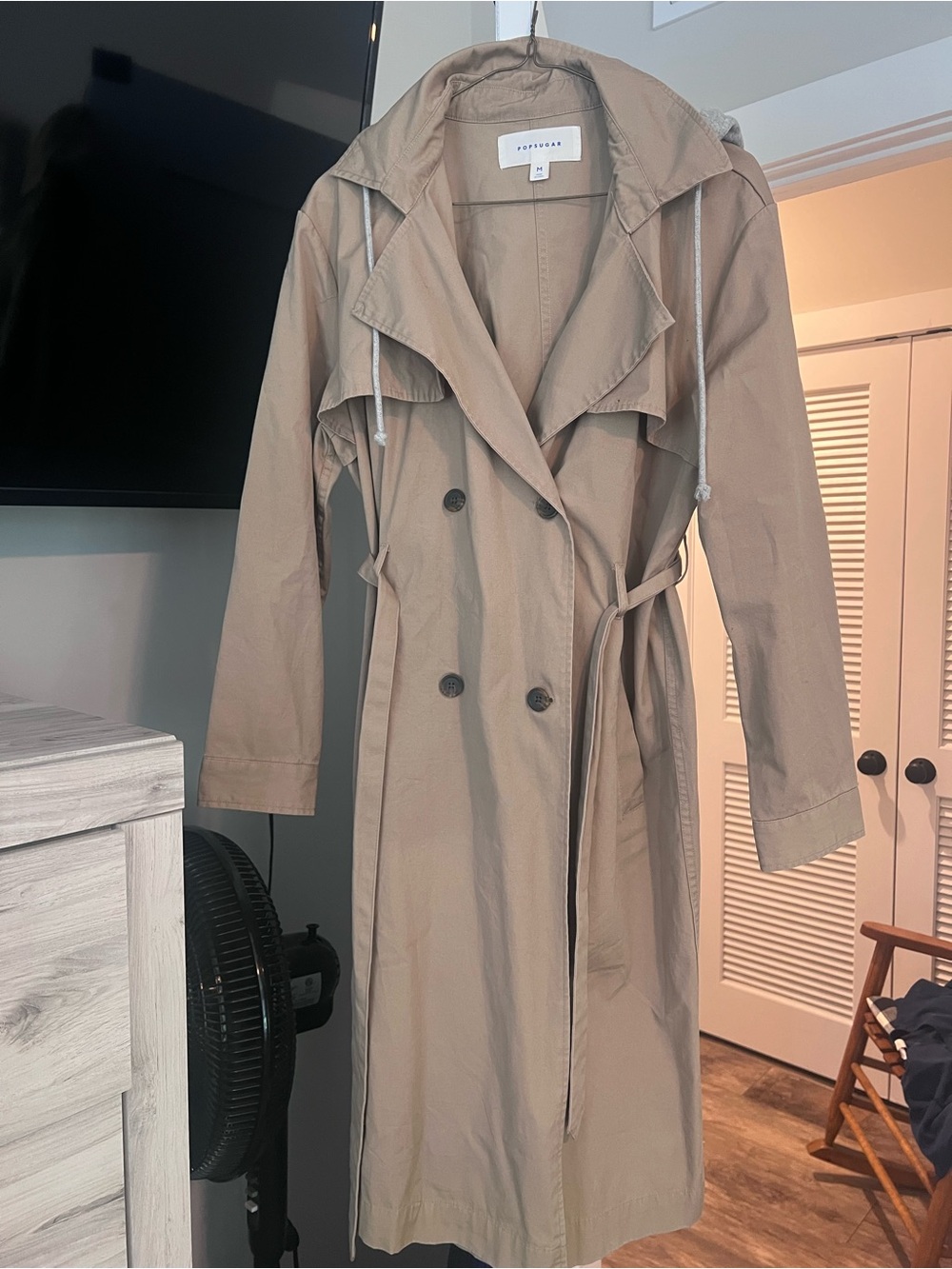 POPSUGAR Tan Double-Breasted Trench Coat with Hood